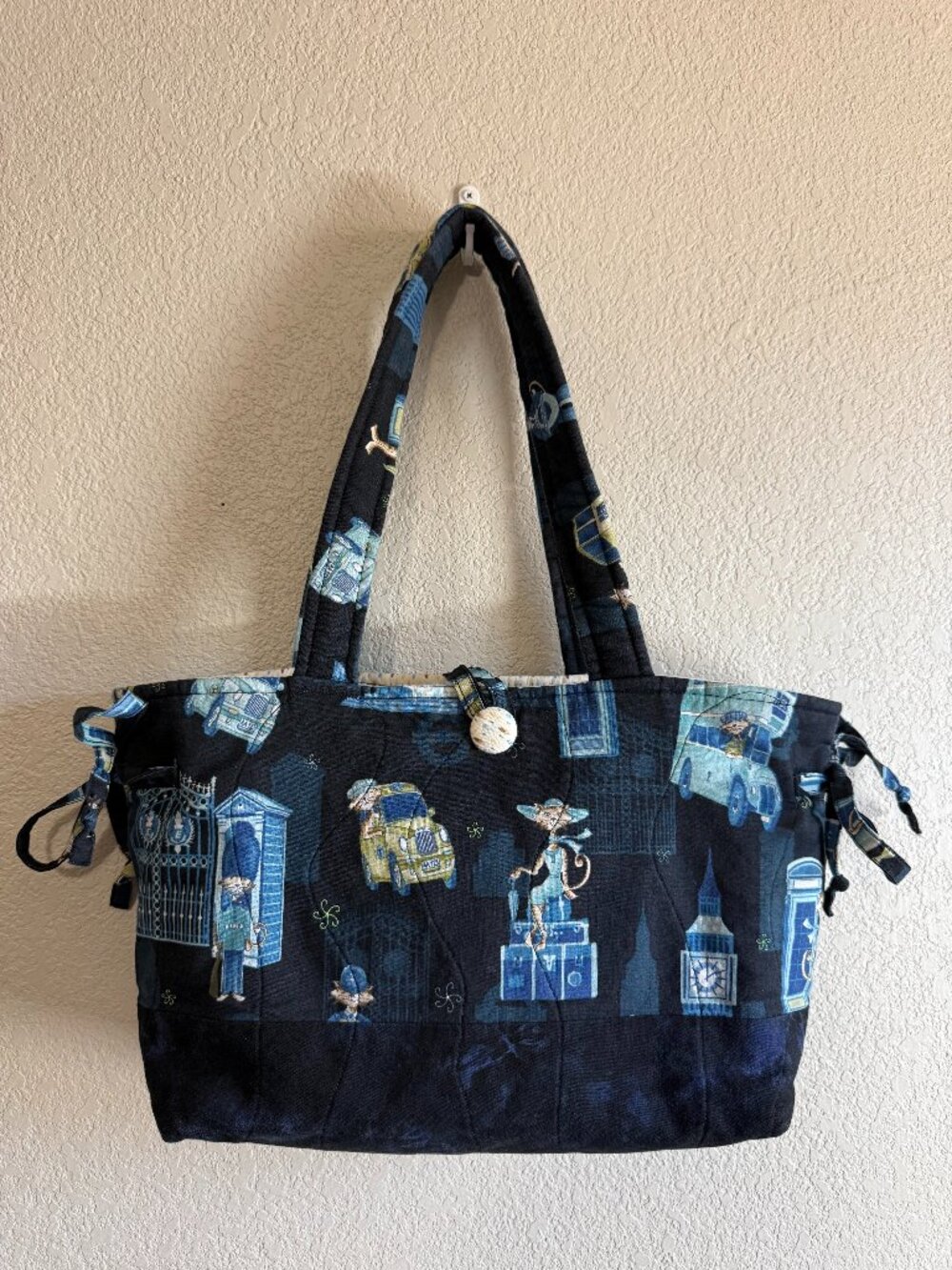 Handmade London Cat Quilted Tote Bag Travel Shopper Purse British Blue Black